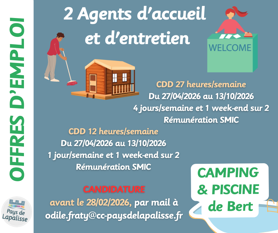Offres d'emploi saisonnier, 2 agents d'accueil et d'entretien - Camping & Piscine de BERT